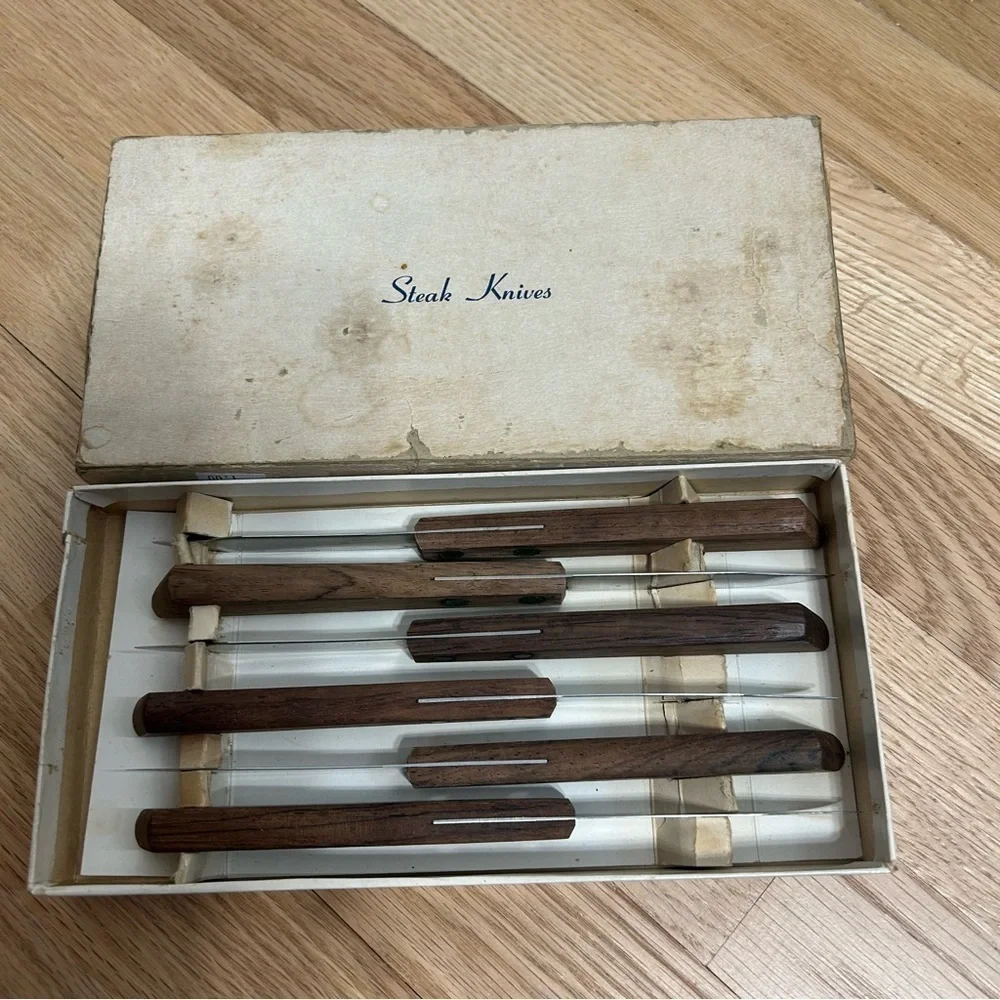 Kaylan Stainless Steel Steak Knives Set Vintage 6 Piece Wood Handles